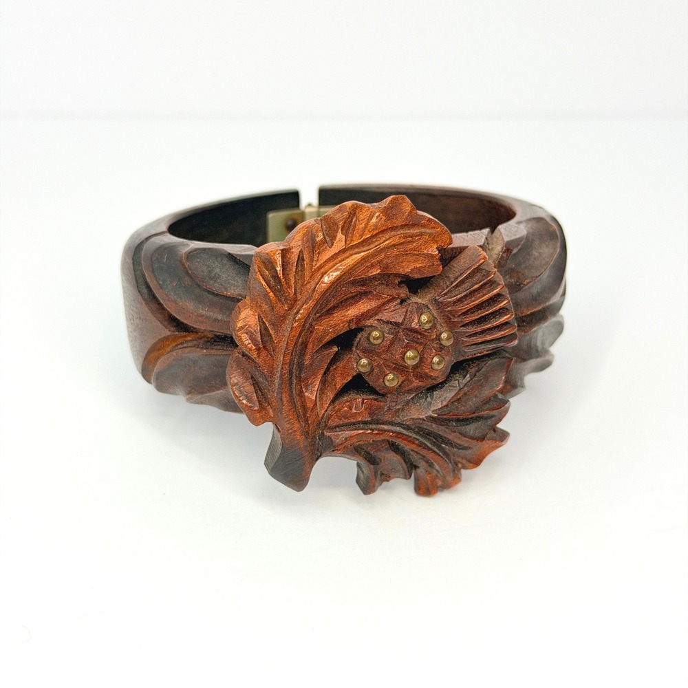 Brown Wood Botanical Floral Hand Carved Hinged Clamper Bangle Bracelet